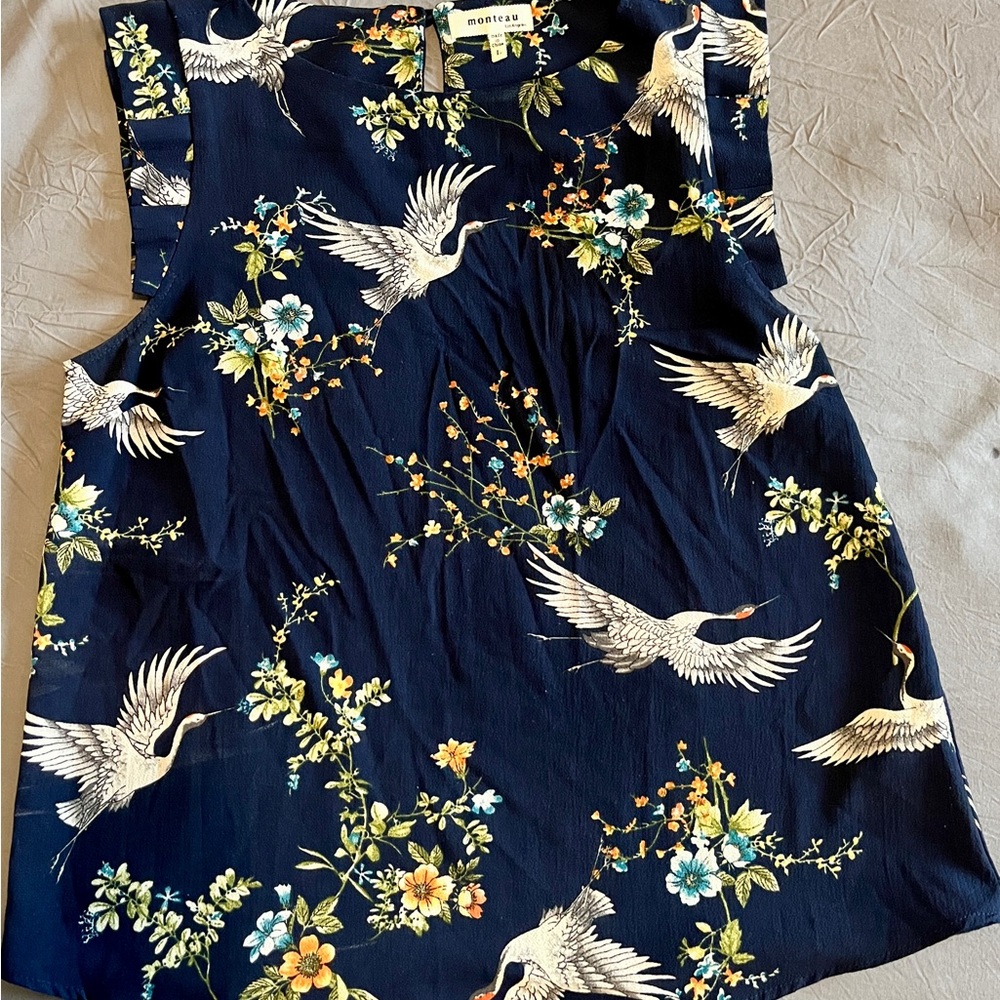 Navy Floral & Crane Print Sleeveless Blouse
